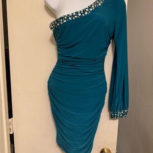 City Triangles Teal One-Shoulder Dress with Embellishments